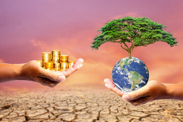 The left hand holds money. Right hand holding a earth There is a bokeh background. Design concept...