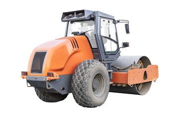 Heavy-duty vibratory roller for asphalt paving on white isolated background. Road construction equipment. Image of a road roller for design.
