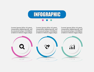 Infographic circle with reflection three element. Business process present with 3 steps or options. Three features of startup project. Can be used workflow layout, diagram, graph, report, web design.