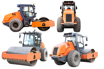 A set of images. Heavy-duty vibratory roller for asphalt paving on white isolated background. Road construction equipment. Image of a road roller for design.