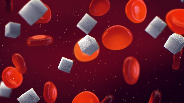 Blood cells and sugar cubes animation. Diabetes is a metabolic disorder caused by high levels of blood sugar