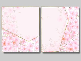 しく華やかなピンク色桜飾りの磨りガラスゴールドフレームベクター素材