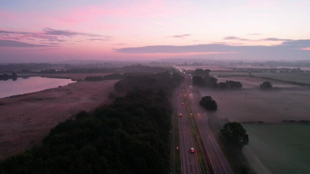 Sunrise stunning time-lapse. morning traffice,foggy runway , 4K UHD video
