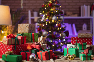 banner of christmas new year festive concept,presents gift ribbon boxes and decorative christmas tree with light bokeh arrange with composition on table,christmas festive background concept