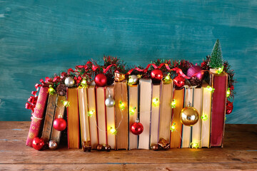 Giving books for christmas with christmas decoration.Reading,literature,education,gift,present,christian holiday concept, copy space