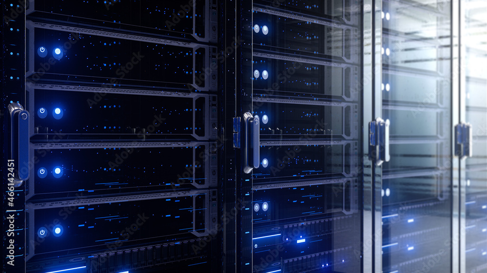 Poster modern interior server room data center. connection and cyber network in dark servers. backup, minin