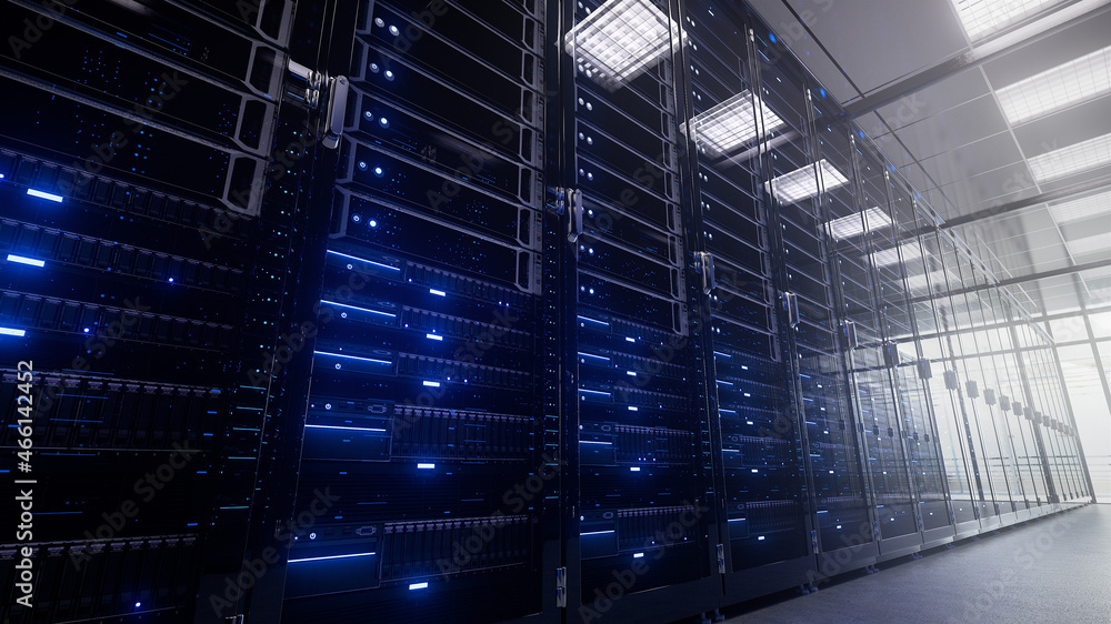 Poster modern interior server room data center. connection and cyber network in dark servers. backup, minin