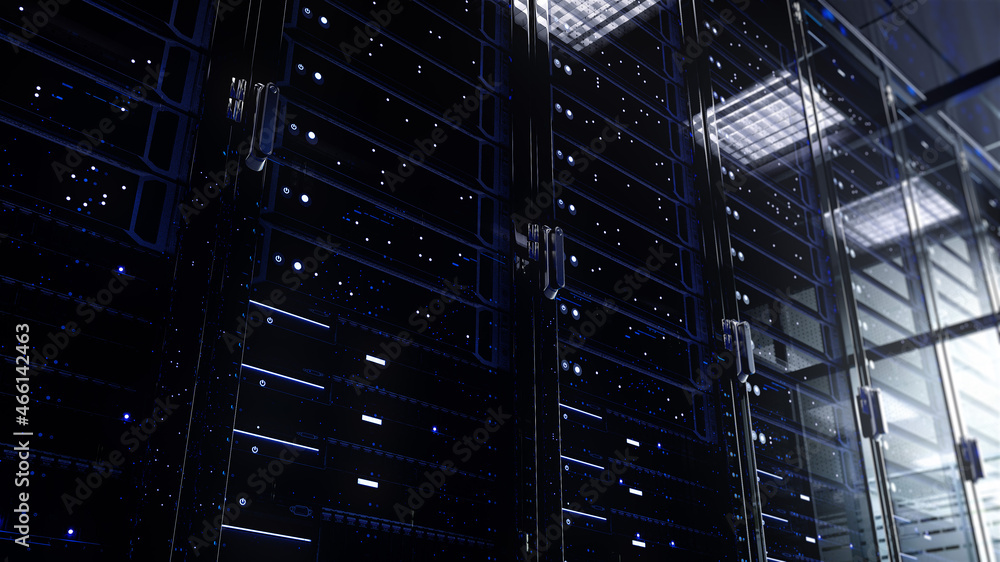 Poster modern interior server room data center. connection and cyber network in dark servers. backup, minin