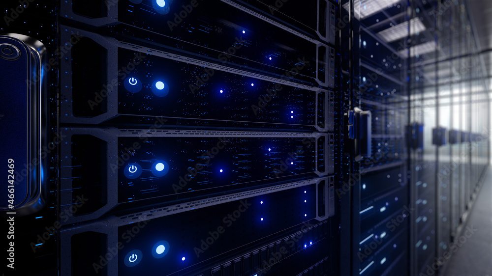 Poster modern interior server room data center. connection and cyber network in dark servers. backup, minin