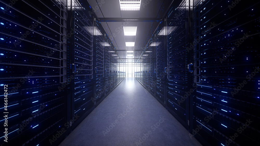 Poster modern interior server room data center. connection and cyber network in dark servers. backup, minin