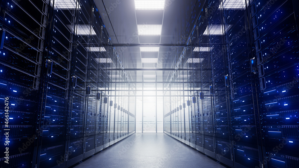 Aufkleber modern interior server room data center. connection and cyber network in dark servers. backup, minin