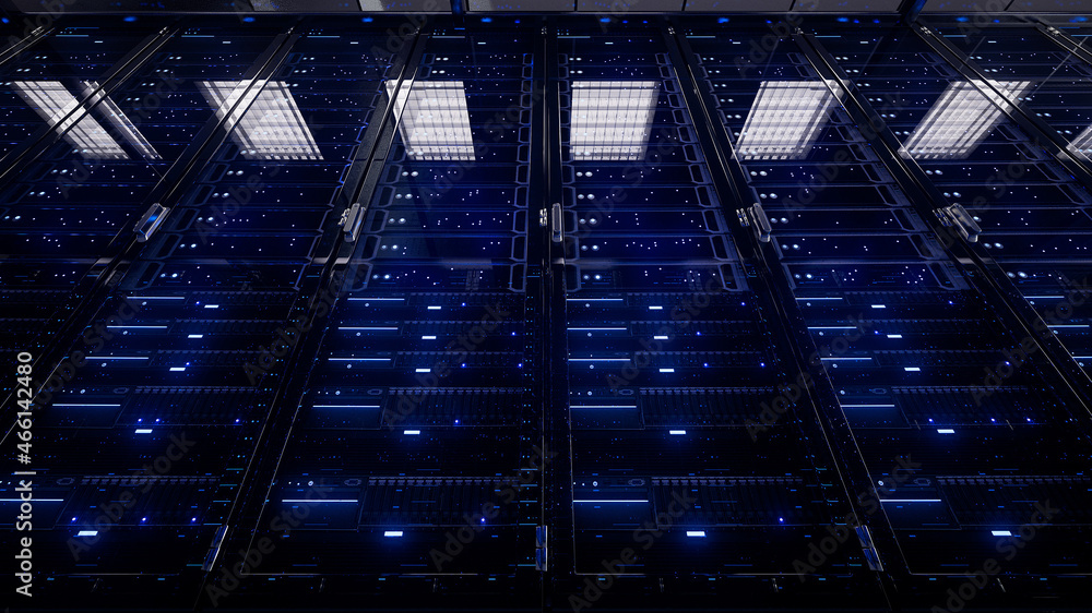 Poster modern interior server room data center. connection and cyber network in dark servers. backup, minin