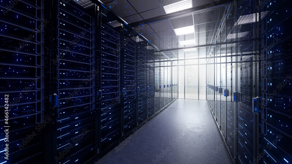 Aufkleber modern interior server room data center. connection and cyber network in dark servers. backup, minin