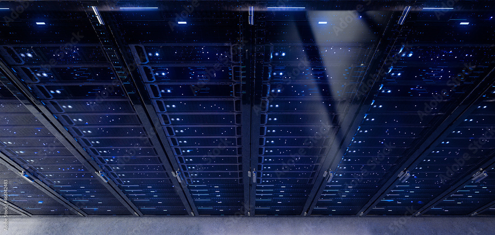 Aufkleber modern interior server room data center. connection and cyber network in dark servers. backup, minin