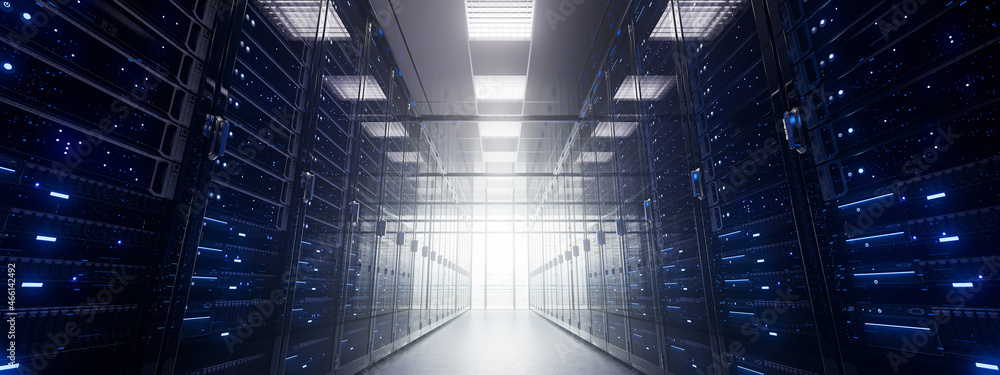 Aufkleber modern interior server room data center. connection and cyber network in dark servers. backup, minin