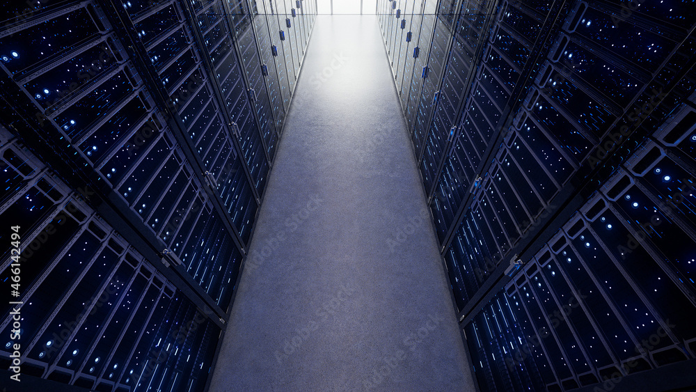 Poster modern interior server room data center. connection and cyber network in dark servers. backup, minin