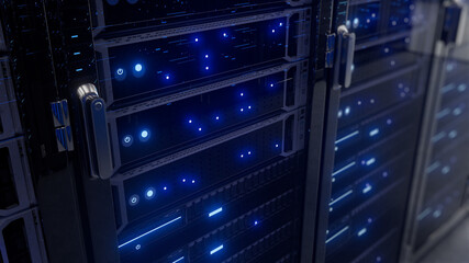 Modern interior server room data center. Connection and cyber network in dark servers. Backup, mining, hosting, mainframe, farm, cloud and computer rack with storage information. Close up, 3d render