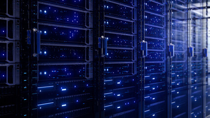 Modern interior server room data center. Connection and cyber network in dark servers. Backup, mining, hosting, mainframe, farm, cloud and computer rack with storage information. Close up, 3d render