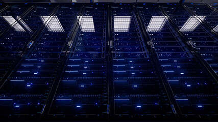 Modern interior server room data center. Connection and cyber network in dark servers. Backup, mining, hosting, mainframe, farm, cloud and computer rack with storage information. 3d rendering