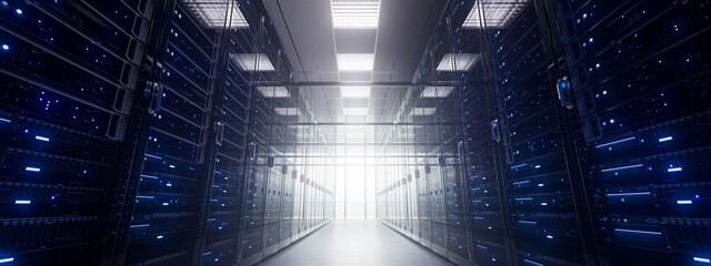 Modern interior server room data center. Connection and cyber network in dark servers. Backup, mining, hosting, mainframe, farm, cloud and computer rack with storage information. 3d rendering
