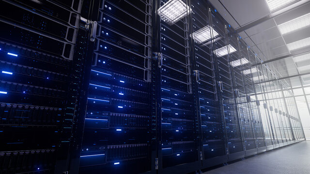 Modern interior server room data center. Connection and cyber network in dark servers. Backup, mining, hosting, mainframe, farm, cloud and computer rack with storage information. 3d rendering