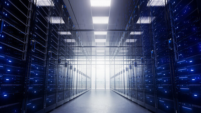 Modern interior server room data center. Connection and cyber network in dark servers. Backup, mining, hosting, mainframe, farm, cloud and computer rack with storage information. 3d rendering