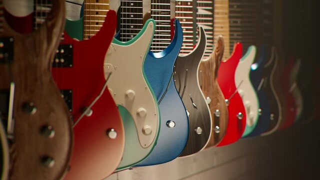 Seamless looping animation of assorted electric guitars. Musical instruments.