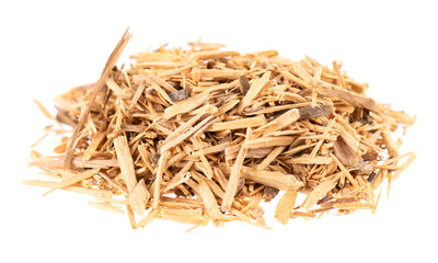Muira Puama herbal tea, isolated on white background. Natural potency wood, medicinal plant, dry...