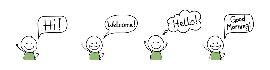 Happy stickman with greeting - welcome, hello, hi, good morning. Vector