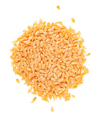 Golden flax seeds isolated on white background. Heap of dry flaxseed or linseed. Top view.