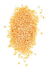 Golden flax seeds isolated on white background. Heap of dry flaxseed or linseed. Top view.