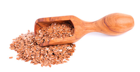 Brown flax seeds in wooden scoop, isolated on white background. Heap of dry flaxseed or linseed.