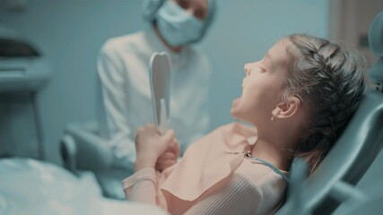  Child patient and female dentist checking teeth at mirror after dental treatment in dental office