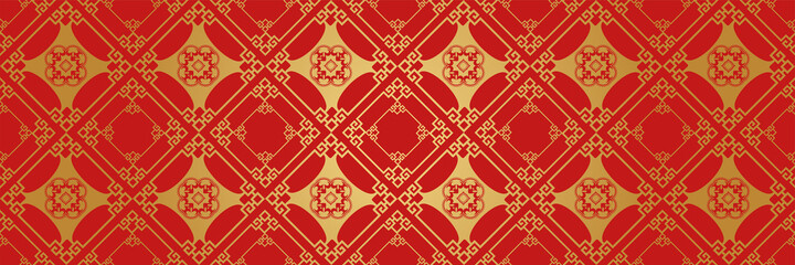 Background image in Chinese style with gold decorative ornament on red backdrop for your design. Background for wallpaper, textures. Vector illustration.