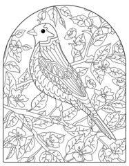 Hand drawing coloring for kids and adults. Beautiful drawings with patterns and small details. Coloring pictures with bird in blooming tree branch. Arch shape, letter 8.5 x 11 format. Vector