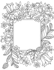 Ornate floral frame, border with space for text. Hand drawn coloring page for kids and adults. Beautiful drawing with patterns and small details. Coloring book pictures. Vector, letter format 8.5 x 11