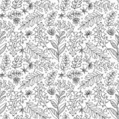 Hand drawn coloring page for kids and adults. Beautiful drawing with patterns and small details. Coloring book pictures. Botany, flowers, herbs, leaves. Seamless pattern. Mandala