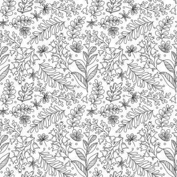 Hand drawn coloring page for kids and adults. Beautiful drawing with patterns and small details. Coloring book pictures. Botany, flowers, herbs, leaves. Seamless pattern. Mandala
