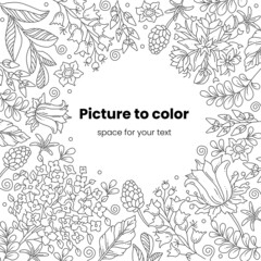 Ornate floral frame, border with space for text. Hand drawn coloring page for kids and adults. Beautiful drawing with patterns and small details. Coloring book pictures. Vector square illustration