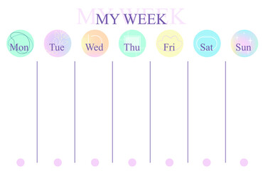 Printable weekly planner, organizer. Hand-drawn notes, to-do, and to-buy list. Vintage planning sheets. Time management concept. Pre-made stationery organizers. Gradient Aesthetic, vibrant background
