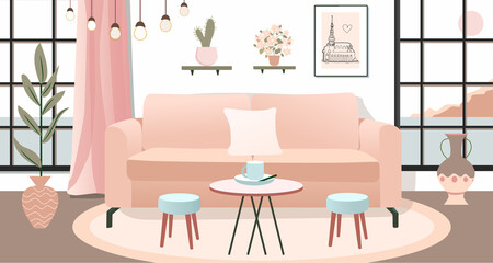 Living room in apartment. Interior 3D illustration. Girl room with furniture: sofa, houseplant, window, curtains, coffee cup and pictures on wall. Home interior design. Light, soft colors, pink. beige