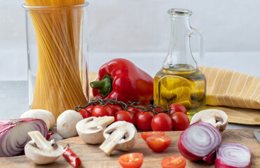 Vegetable spaghetti pasta ingredients close up