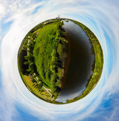 A three dimensional aerial panoramic view of place Myllykoski at river Kymijoki, Kouvola, Finland.