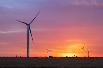 Wind turbines at dawn. Picturesque view of the wind power generator. Production of environmentally friendly energy.