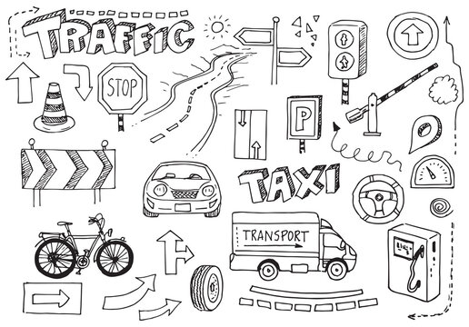 Traffic hand drawn vector doodles set