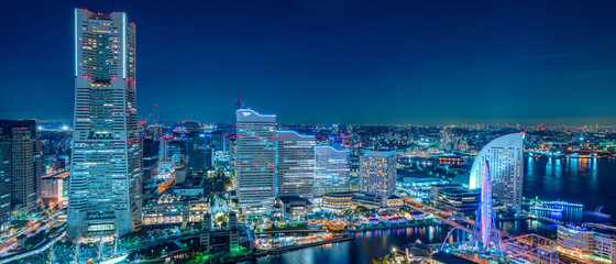 Panoramic view of Yokohama Minato Mirai 21 seaside urban area in central Yokohama with Landmark...