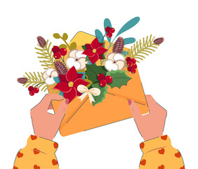 Open envelope and letter with fir tree branches, cotton, cons, firs, christmas flowers, red berries. Vector illustration. Merry Christmas and Happy New Year message or present for friend or family