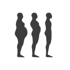 Process of losing weight. Three male black silhouettes isolated on white background