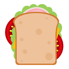 Breakfast, delicious start to the day. Simple sandwich with cheese, ham and vegetables. Vector illustration cartoon flat icon