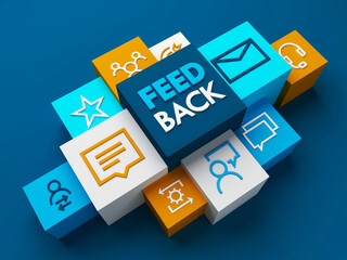 3D render of perspective view of FEEDBACK business concept with symbols on colorful cubes on dark blue background